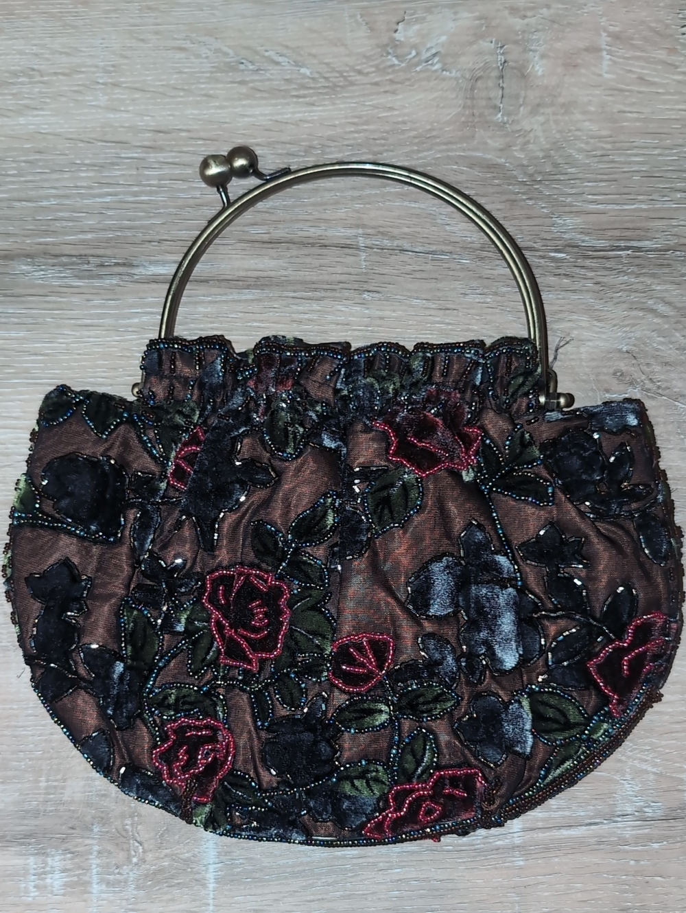 Embroidered beaded Brown Floral Evening Handbag with Brass Kiss Handle